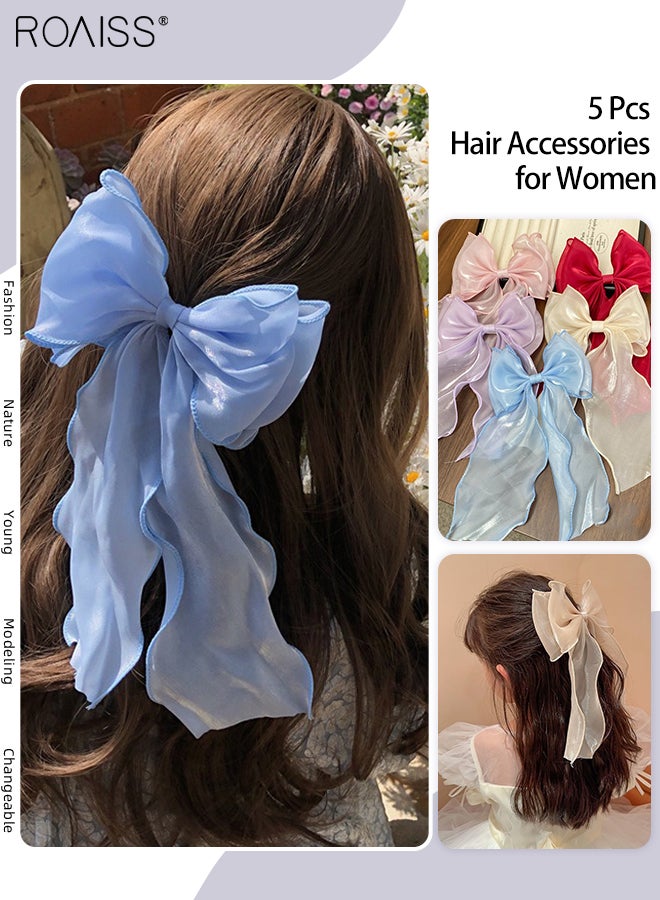 roaiss 5 Pcs Sweet Chiffon Bow Hair Clips Girls Shining Satin Bowknot Hair Clips Soft Solid Color Bowknot Hairpins Ribbon Bow Barrette Hairpin Grip Ponytail Clip Headwear - Image 1